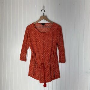 Lauren Ralph Lauren Orange Red Boho Tunic Top Belted 3/4 Sleeve Cottagecore L